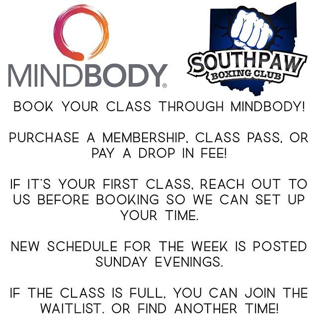 Download the app; MINDBODY. 
To book your class! You can purchase a membership, class pass, or pay a drop in fee through the app. 
If you are a first timer, please still contact Eric @ 740-973-4869 to schedule your time &amp; day: We will still honor