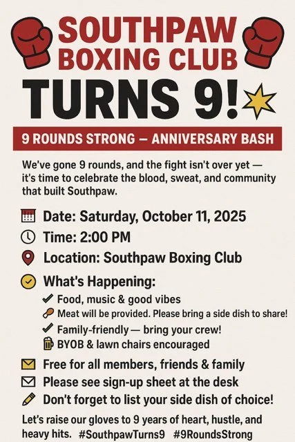 Join us for a special 9th anniversary party THIS SATURDAY! 2pm at the gym! Bring a side dish to share! Thanks for sweating it out with us all these years! 🥊😤