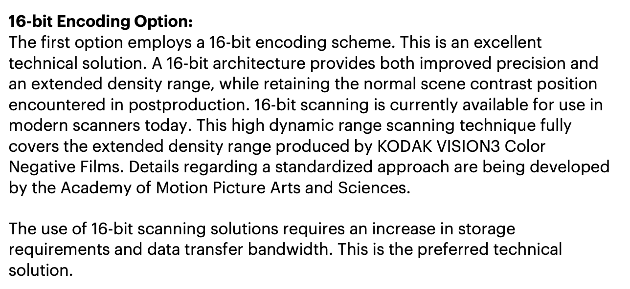 Kodak documentation explaining that 16-bit scanning fully captures the extended density range of Vision3 motion-picture colour negative films and is the preferred technical solution.