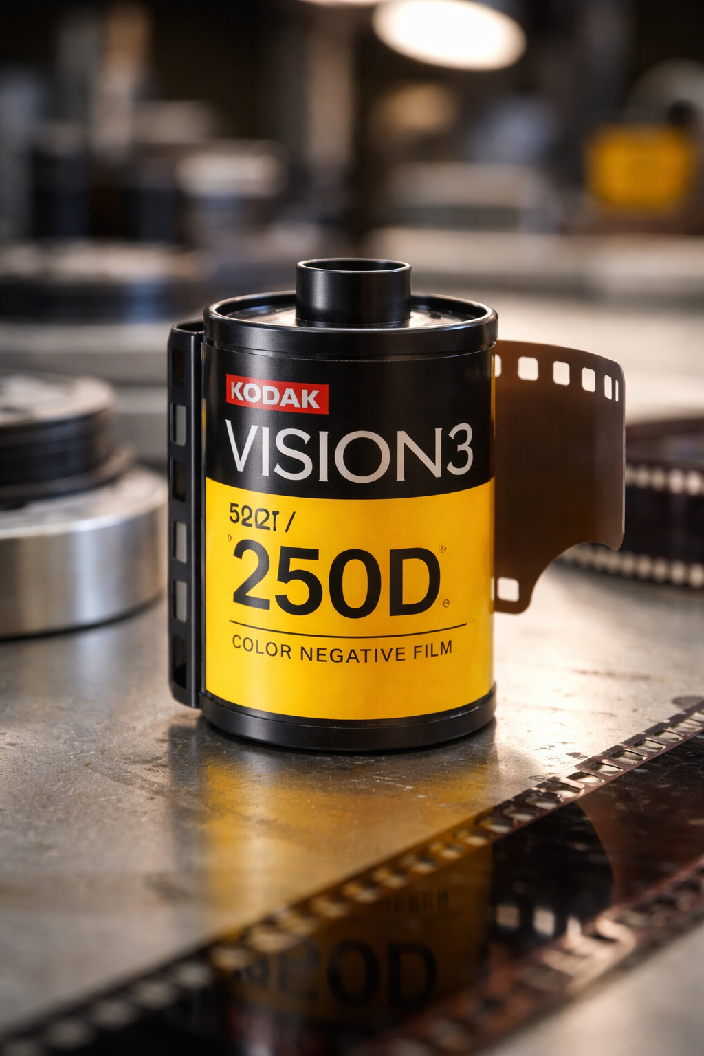 Close-up of Kodak VISION3 film at Liquid Light Lab, illustrating practitioner-led handling of cinema-origin film for ECN-2 processing and black and white development.
