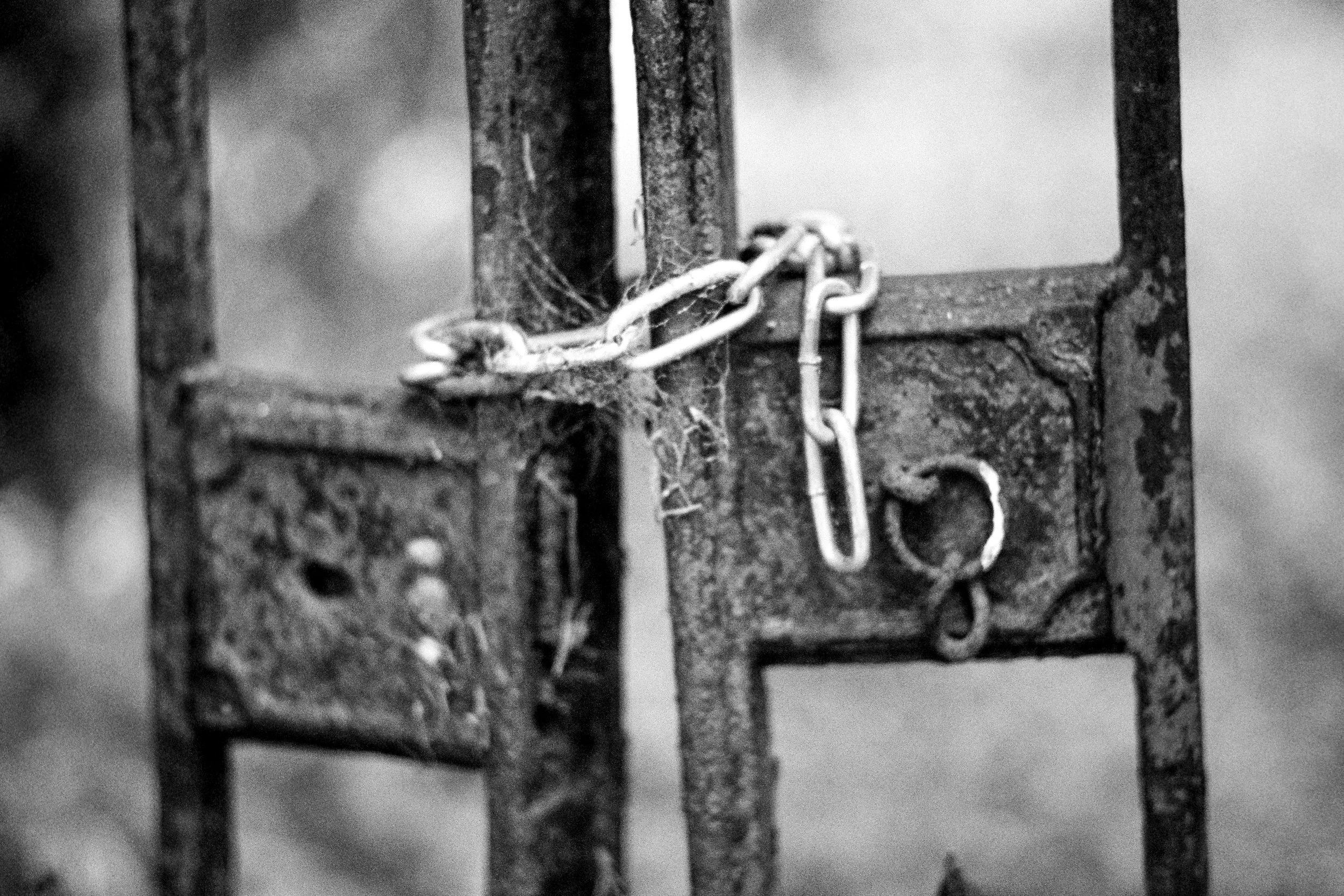 Black and white close-up photograph of a rusted gate and chain, developed from AHU VISION3 film