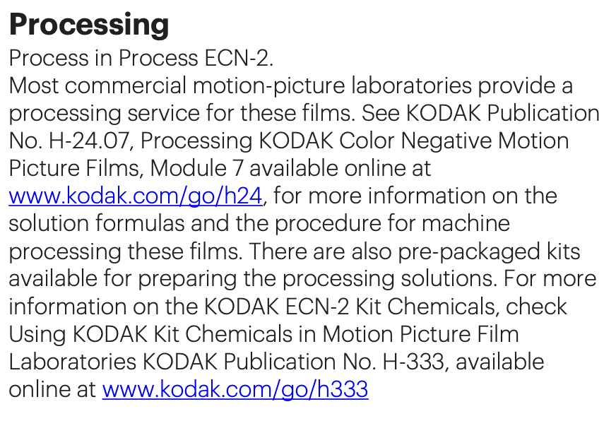 Kodak technical data specifying that Vision3 motion-picture colour negative films must be processed in ECN-2 chemistry, reflecting their design for cinema laboratories and controlled workflows.