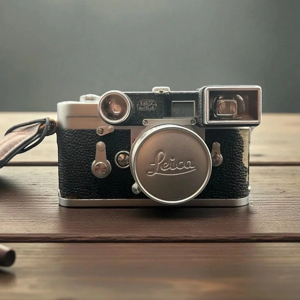 Leica M3 with Summaron 35mm f/3.5 and goggles, photographed for an article on the creation of 35mm photography.