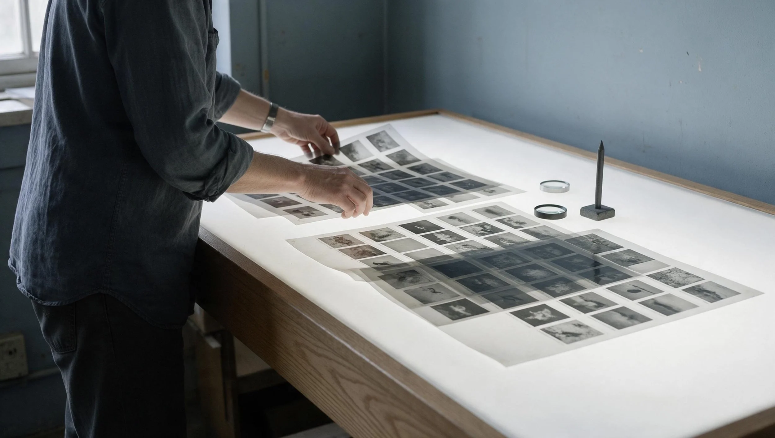 Archival photographic negatives being carefully examined on an illuminated light table, illustrating museum and gallery digitisation and preservation.