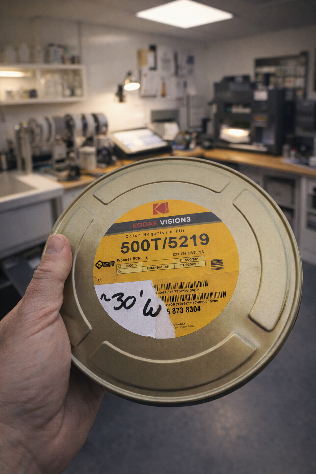 Hand holding an older bulk-rolled can of Kodak VISION3 500T in Liquid Light Lab, used to illustrate the earlier remjet-backed film structure discussed in the bleach bypass article.