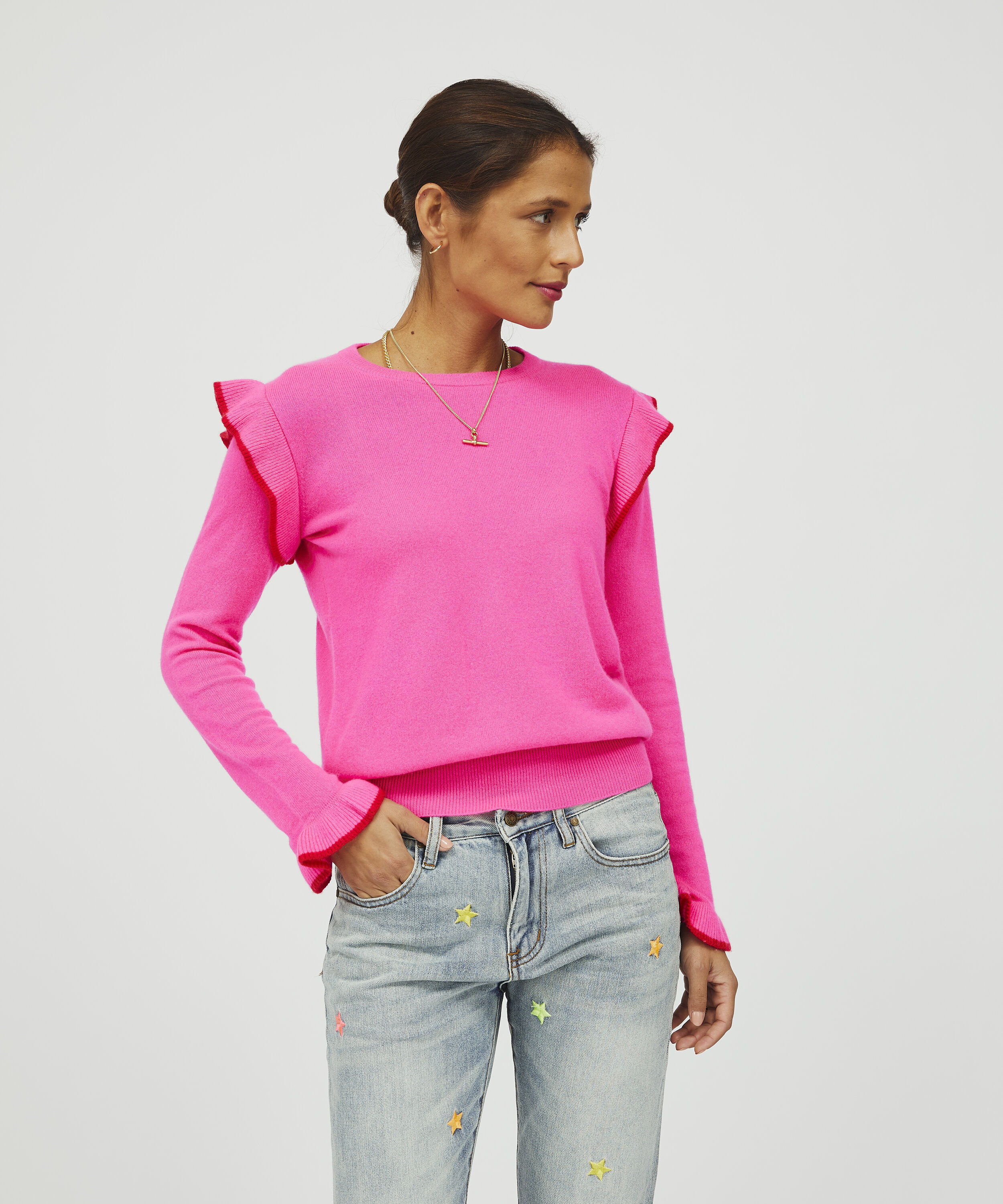 Ladies Neon Pink Ruffle Cashmere Jumper — Gussy and Lou