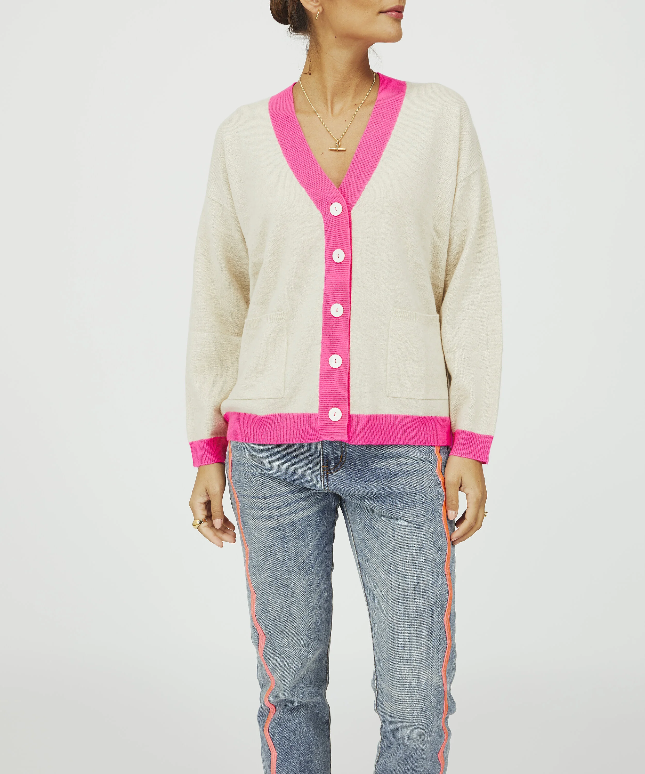 neon pink cardigan