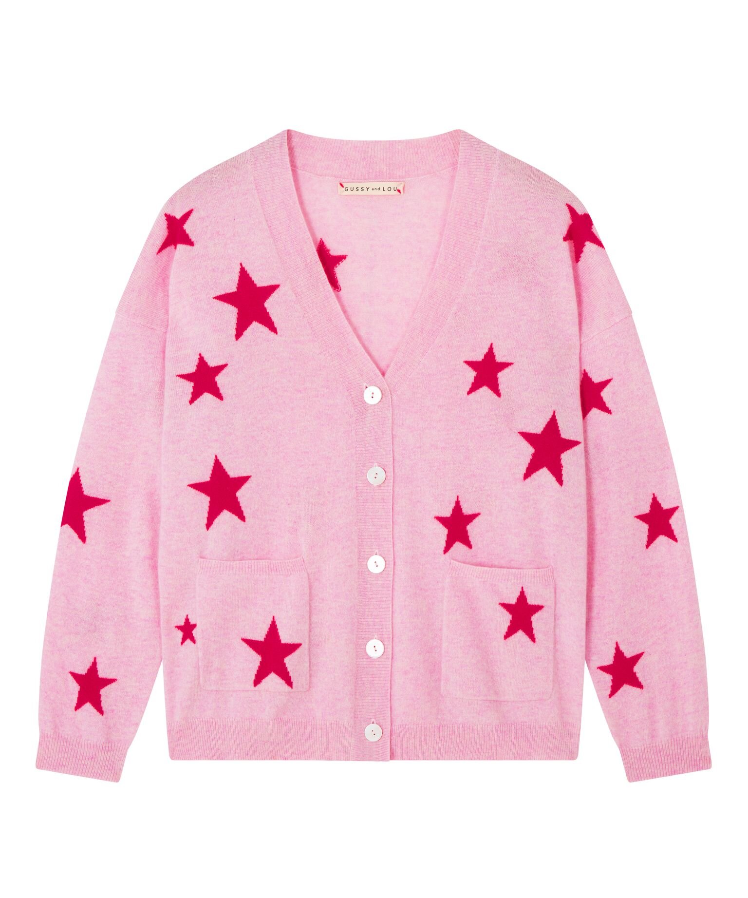Ladies Pink with Red Stars Cashmere Cardigan — Gussy and Lou