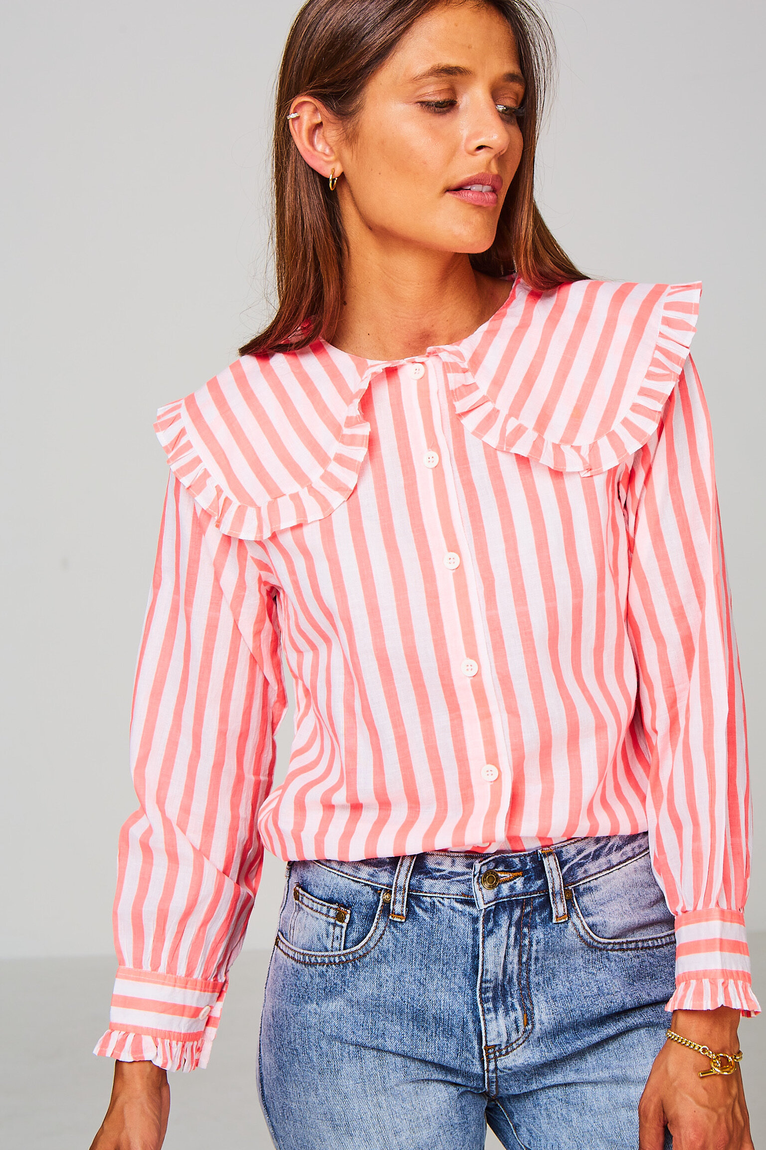 Ladies Neon Coral Stripe Blouse — Gussy and Lou