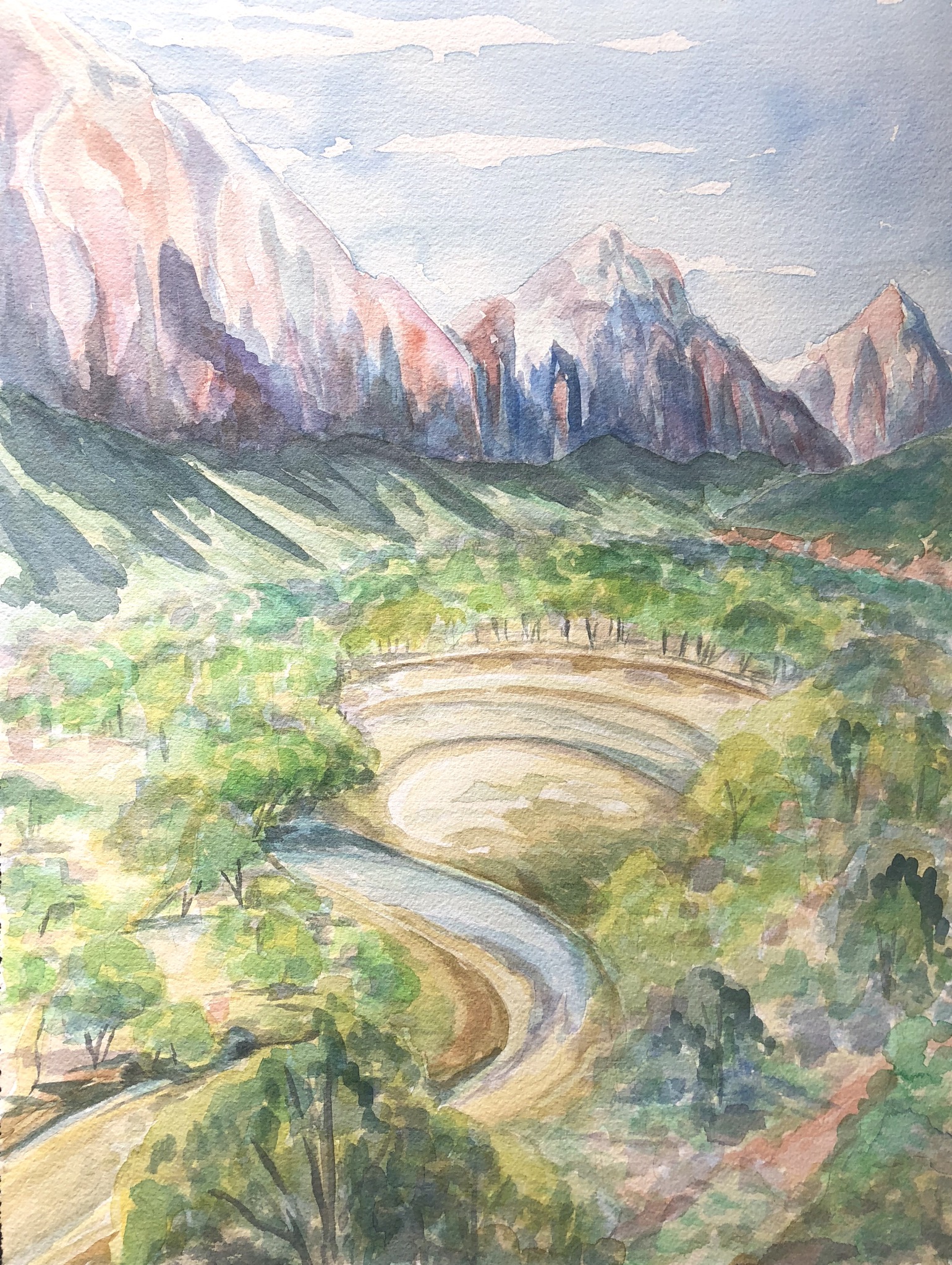 View from Kayenta Trail, Zion National Park - watercolor