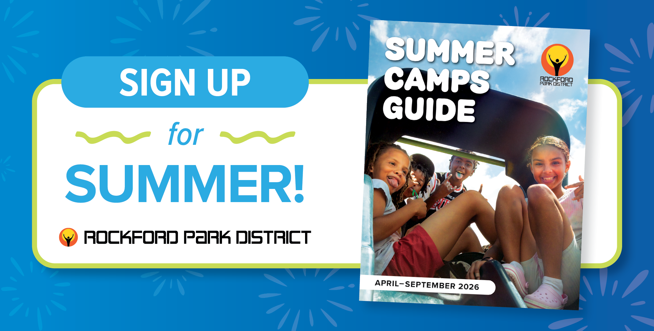 Click to view and sign up for Rockford Park District summer camps. Photo shows cover of the summer guide book.
