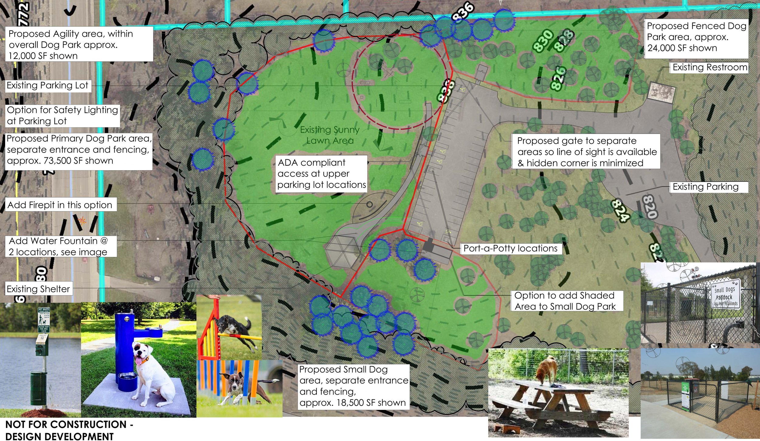 Map of a proposed dog park with various designated areas, fencing, parking, and amenities. Features include an agility zone, small dog area, large dog park, shade options, water fountains, port-a-potty, ADA access, and existing shelters, with images of dogs, water fountain, shelter, and park features.