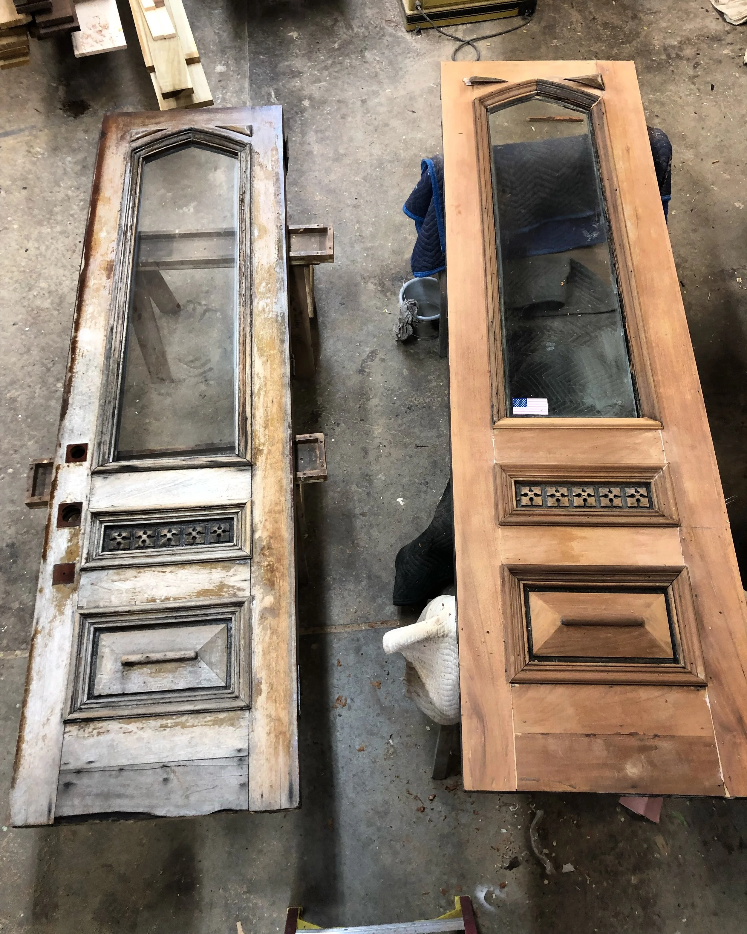 Before and during restoration of two exterior Boston doors.