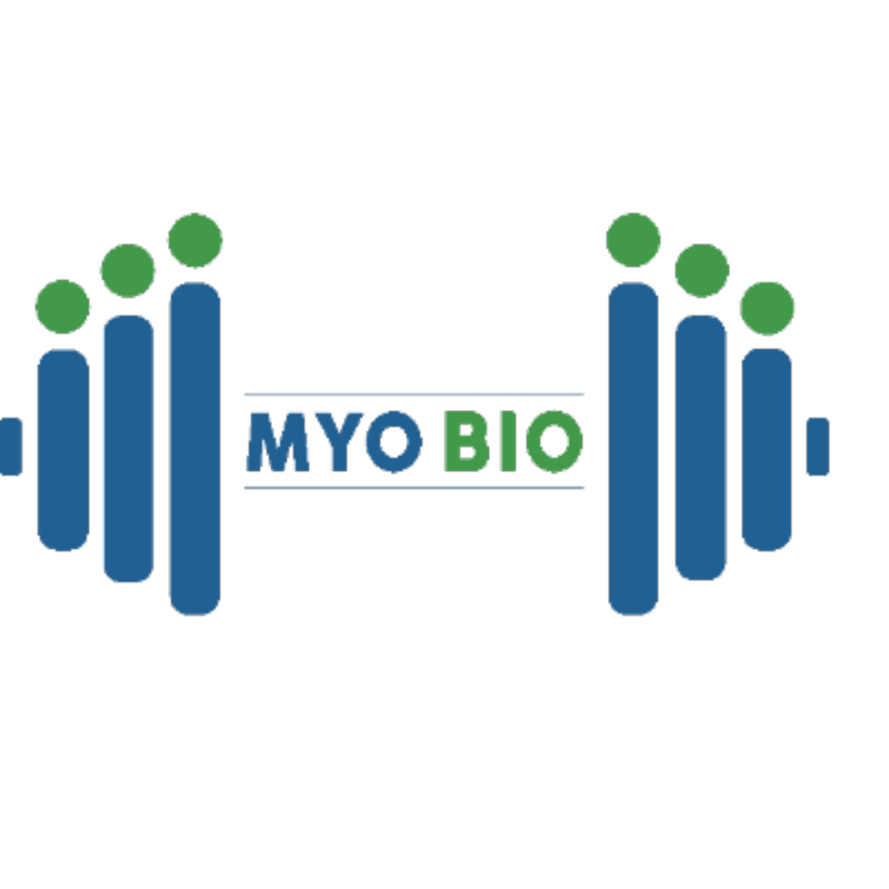 Logo featuring stylized barbell with weight plates  in blue and green representing people of all sizes with the text "MYO BIO" in blue and green in the center.