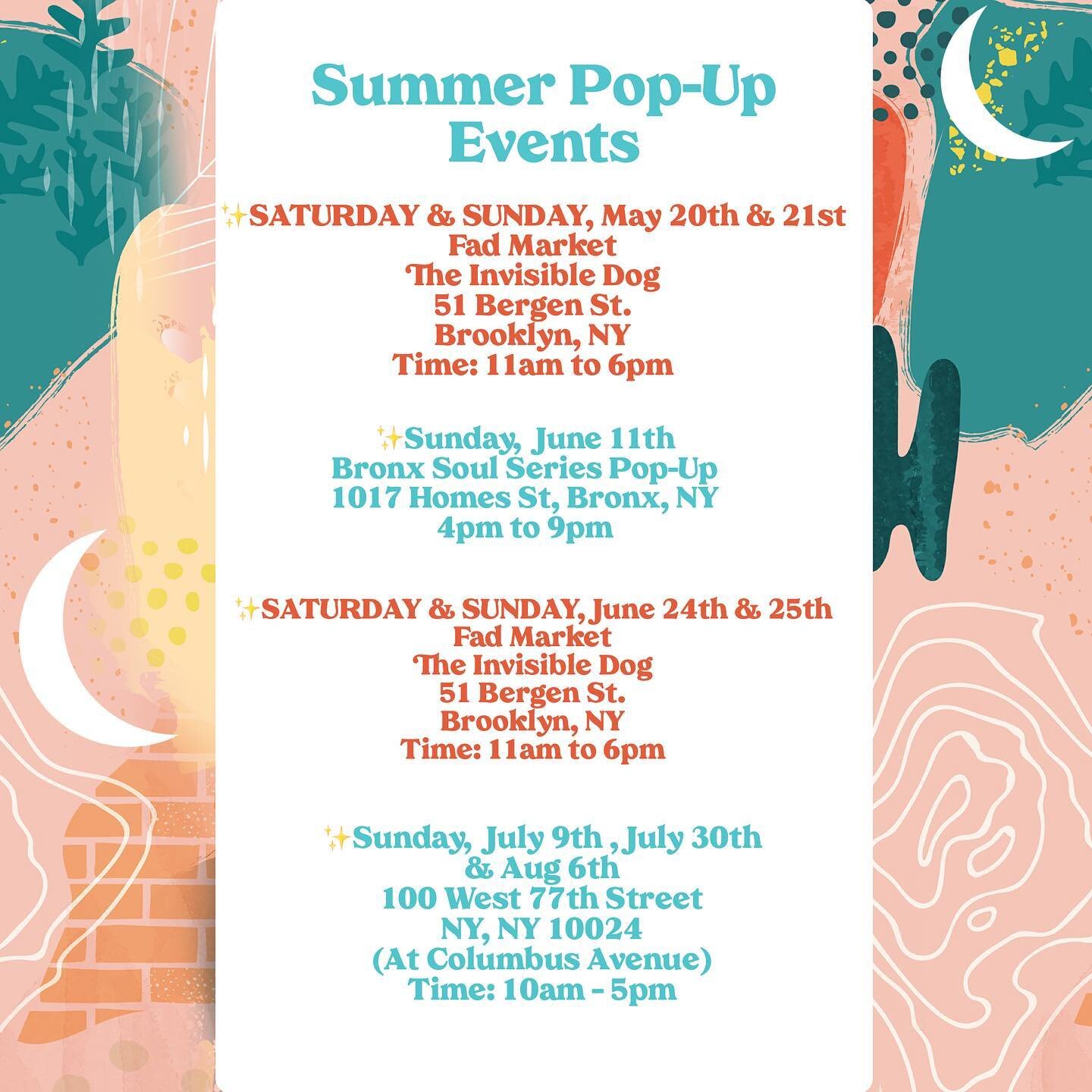Love what I Do! I have been quite on the socials but I am working in the background!! So excited to embark on my Summer Market Tour in NYC. If you are around these neighborhoods and want to come say hi and vibe with me, I would love that! Let&rsquo;s