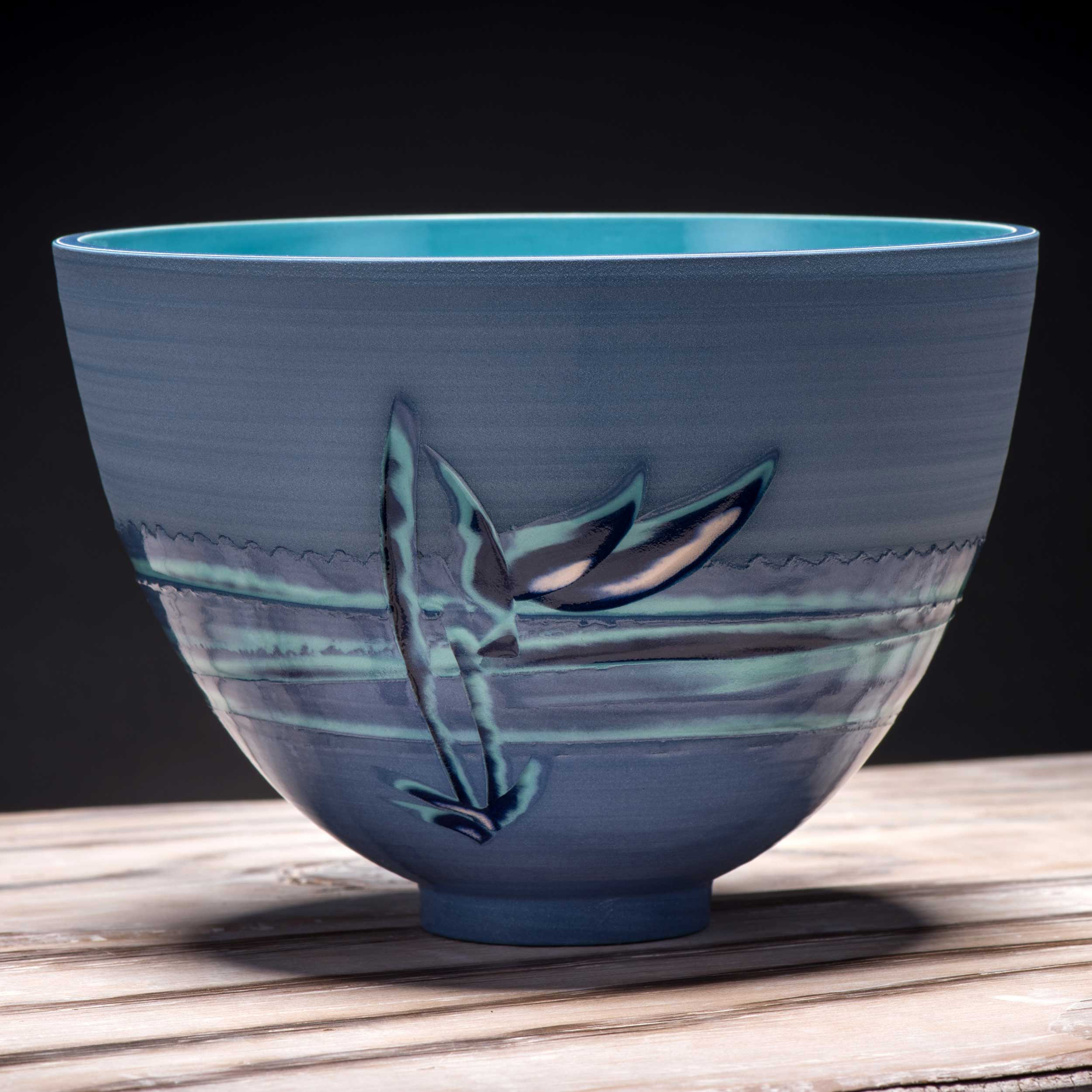 Ceramic Noodle Bowl in Blues Turquoise Oriental Style by Rowena 