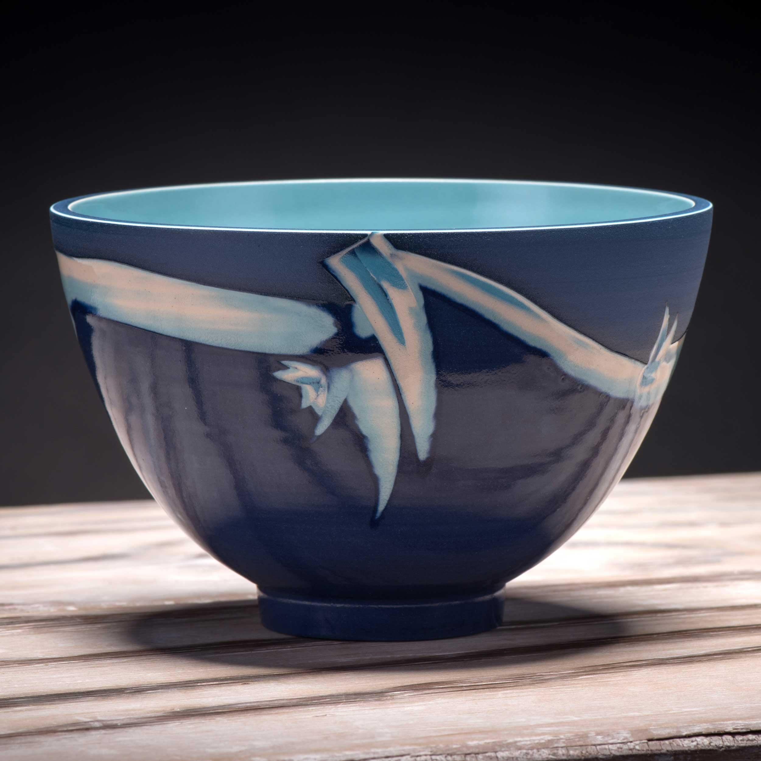 Seascape Ceramic Bowl in Cobalt Blue Turquoise Oriental Style by