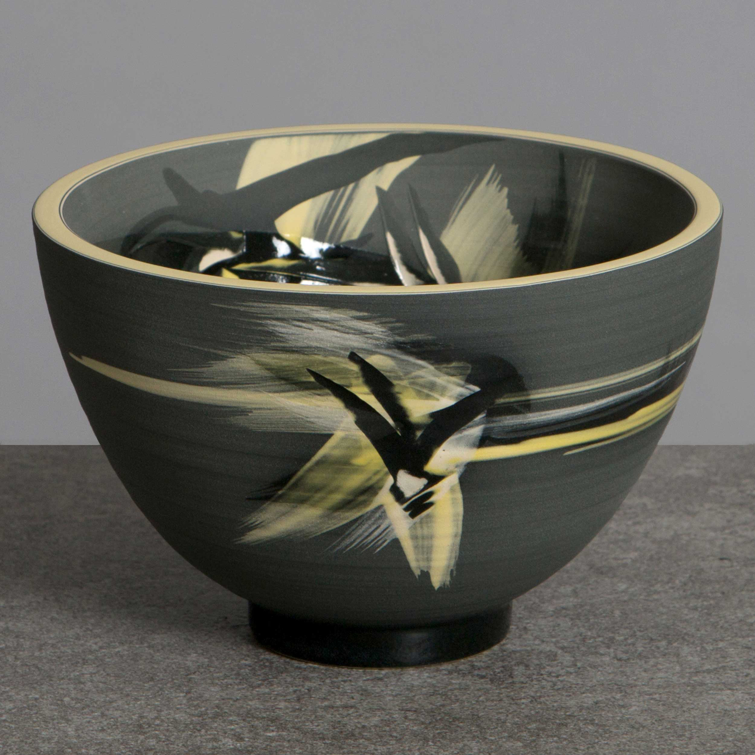 Dark Gray Yellow Ceramic Bowll by Rowena Gilbert