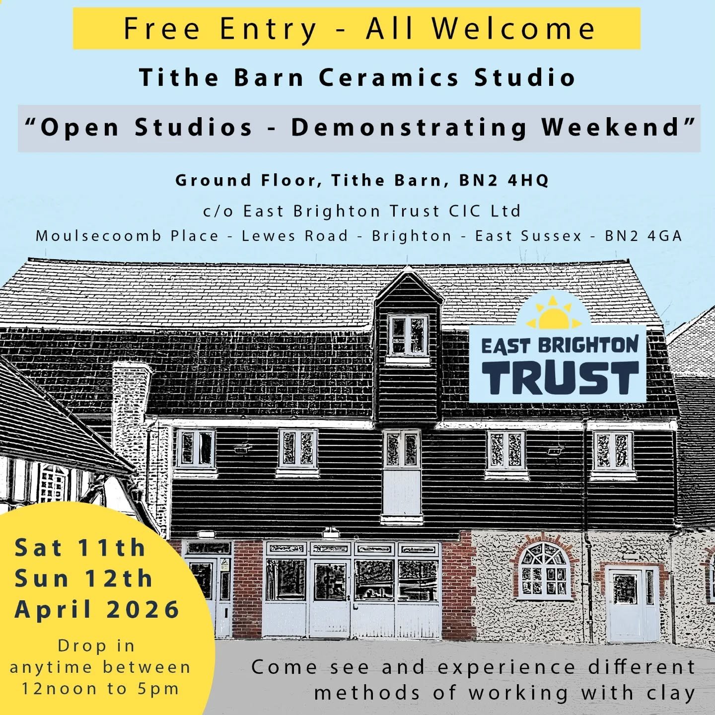 *Save the Date - Saturday 11th and Sunday 12th April 12noon to 5pm*

Drop yourselves into Tithe Barn Ceramics Studio, Moulsecoomb Place, BN2 4HQ to see what we're up to in there.&nbsp; We'll all be demonstrating different ceramics techniques.&nbsp; C