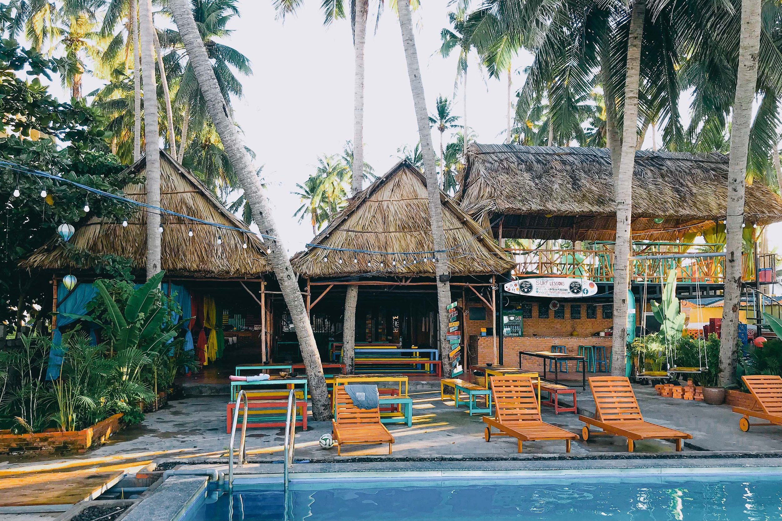 Exotic hostel with palm trees, swings, chairs and a pool