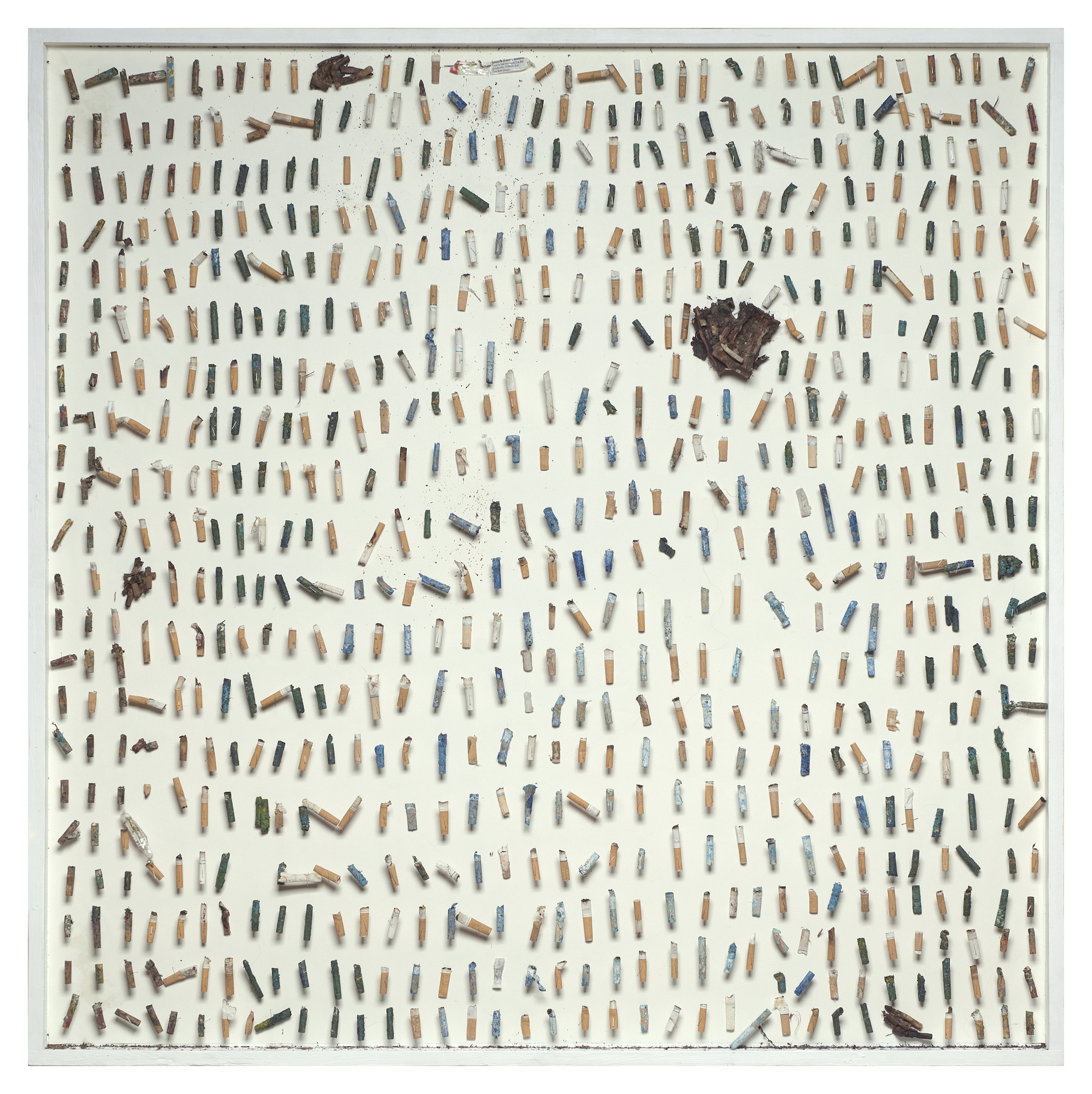 Cigarette Butts, wood, paper, pins, glue, and wood (48" x 48") 2017