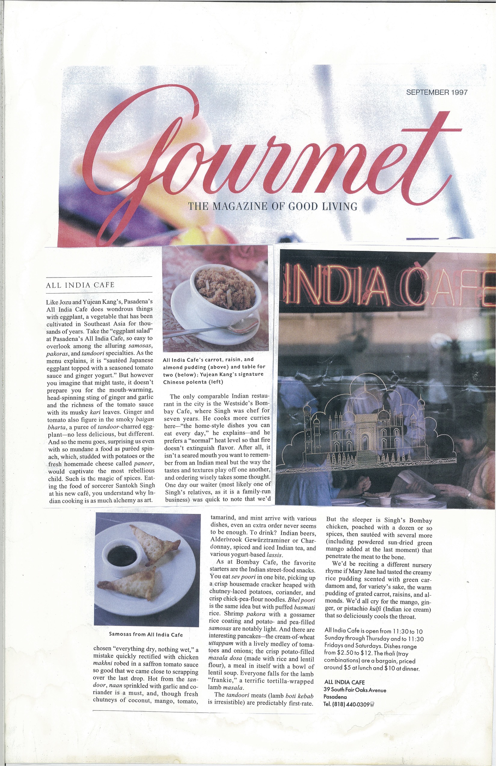  A press clipping of All India Cafe featured in Gourmet Magazine.  