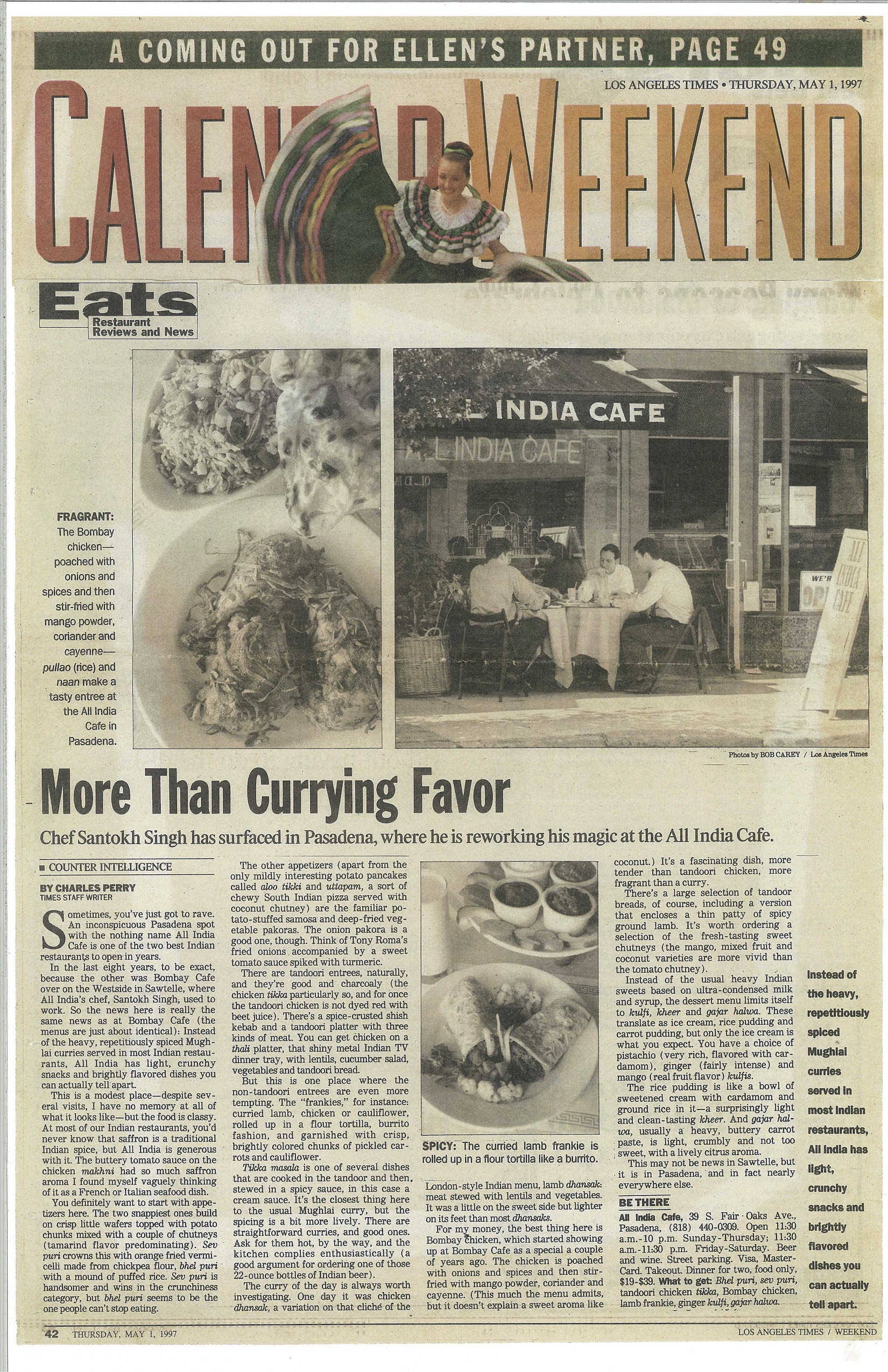  Another press clipping of All India Cafe featured in the calendar weekend section of the Los Angeles Times.  