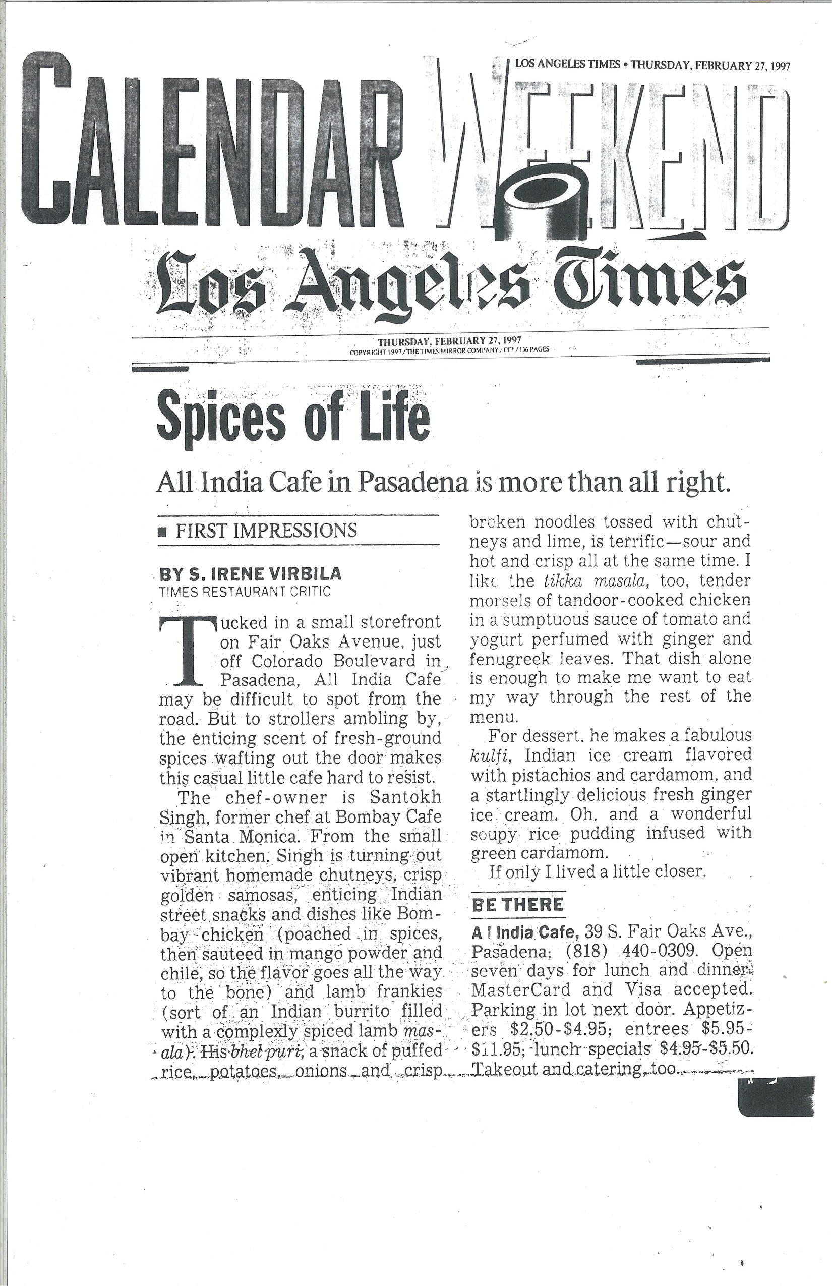  A press clipping of All India Cafe featured in the calendar weekend section of the Los Angeles Times. 