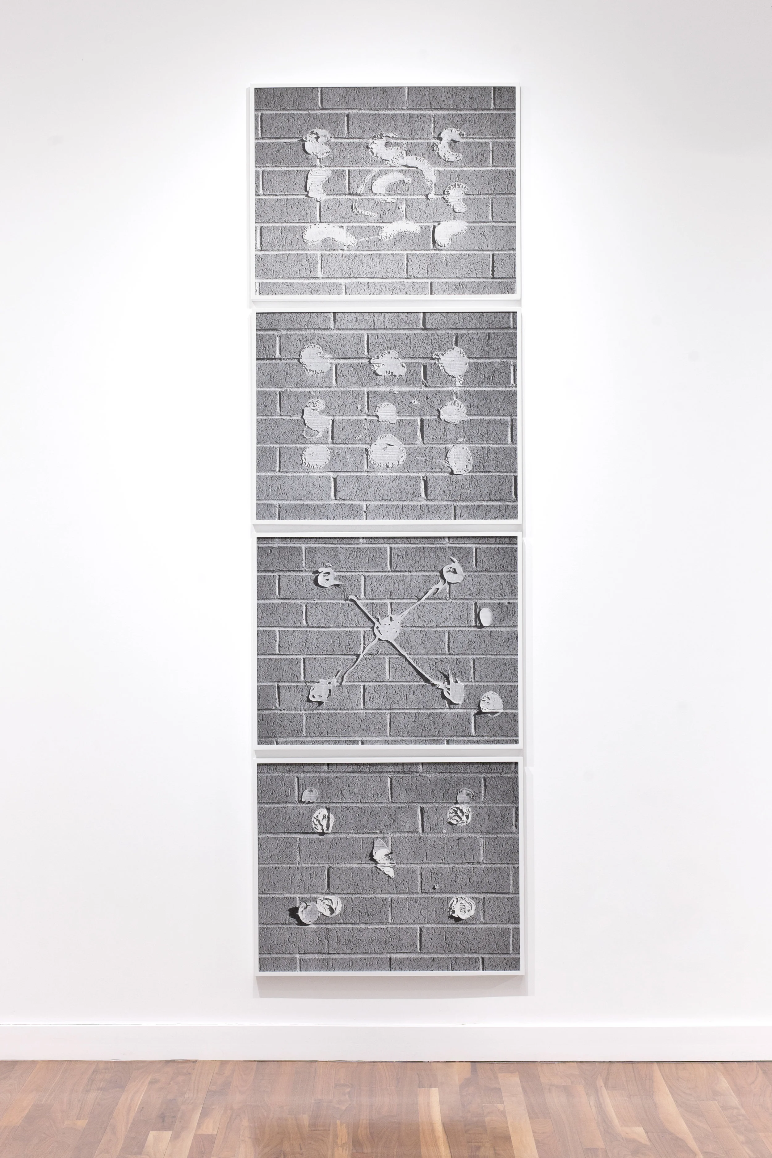 Installation view. From top to bottom: "Untitled (Beans)", "Untitled (dots)", "Untitled (X:)", and "Untitled (Echo)." All works 24x30, Archival pigment prints in painted wood frames, 2015.