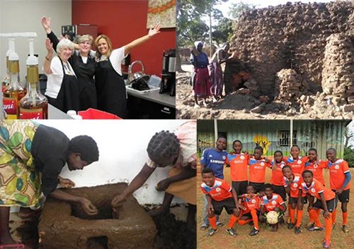 Burke gogos in their "coffee shop" fund-raiser, Kawiyu Tidondane villagers fire bricks for a new Childcare center, Kondanani Village caregivers make a fuei-efficient stove, SAFE Haven kids sport U.S.A. donated soccer uniforms.