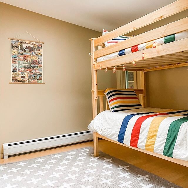 We upgraded the second upstairs bedroom to a camp-themed kids&rsquo; hideaway! Can&rsquo;t wait to share it with our guests this summer! #airbnb #modernhouse #moderncabin #kidsspace #camplife #nationalpark #vermont #vermonting #summervacation