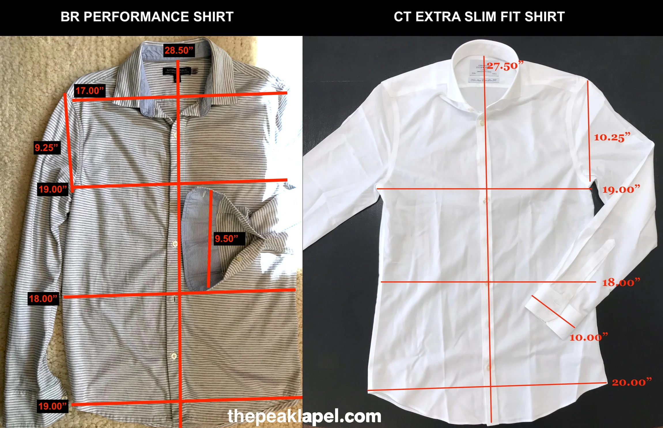 A comparison to the very common and well-known Charles Tyrwhitt Extra Slim Fit shirt for perspective on fit.