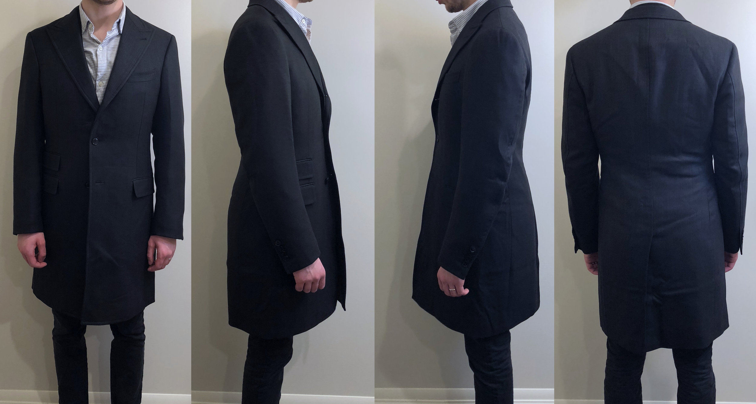 Black 4 Button Long Coat by After Six w/ Block Patterned Notch Lapel  Matrix 260 