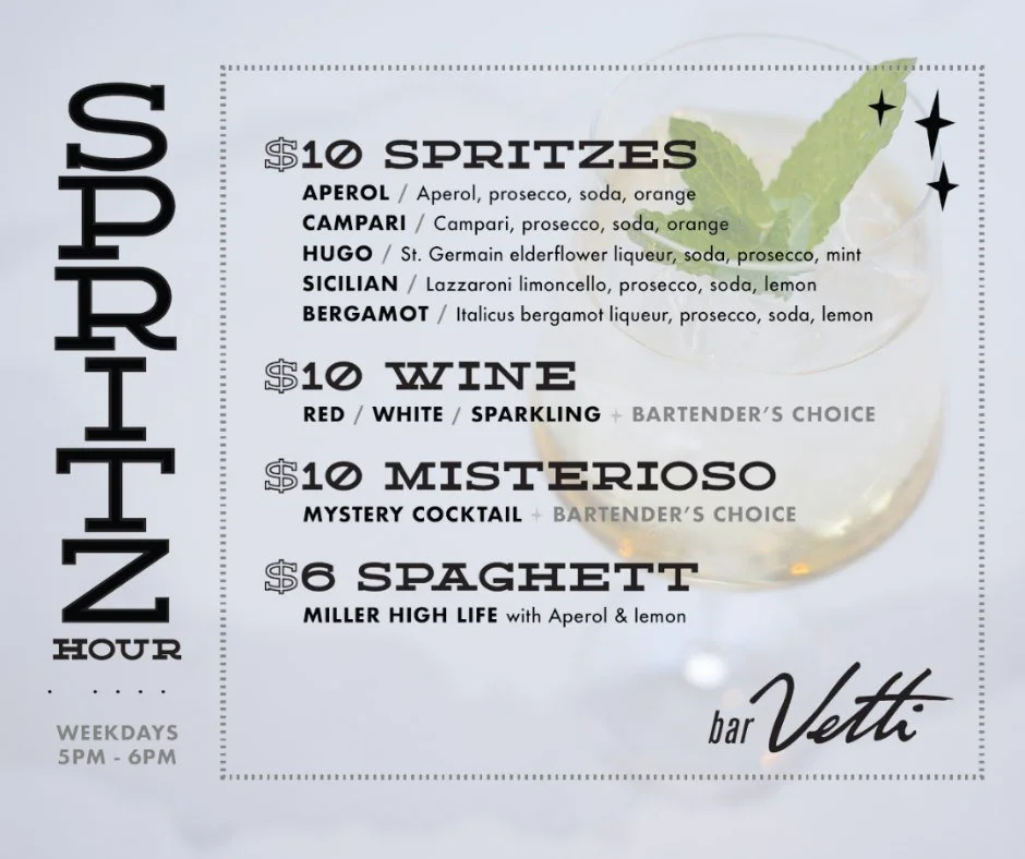 ✨ Spritz Hour ✨ Join us weekdays from 5pm - 6pm for drink specials at the Vetti bar! It's the perfect way to wind down after the work day con amici. 🍹 See you soon!

#LouisvilleHappyHour #Louisville #LouisvilleEats #HappyHour #ItalianFood