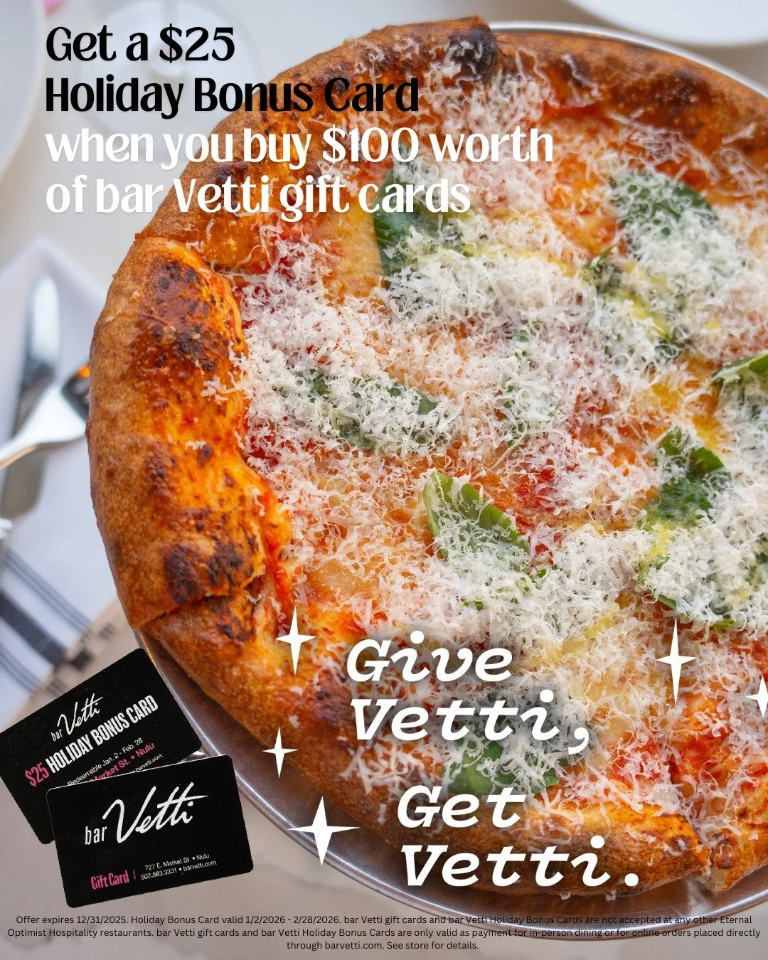 🎁 Last minute gift idea! 🎁 Looking for the perfect gift for a family member, friend, or colleague? Nessun problema! 

For a limited time, get a $25 Holiday Bonus Card when you purchase $100 worth of bar Vetti gift cards! Give the gift of good taste