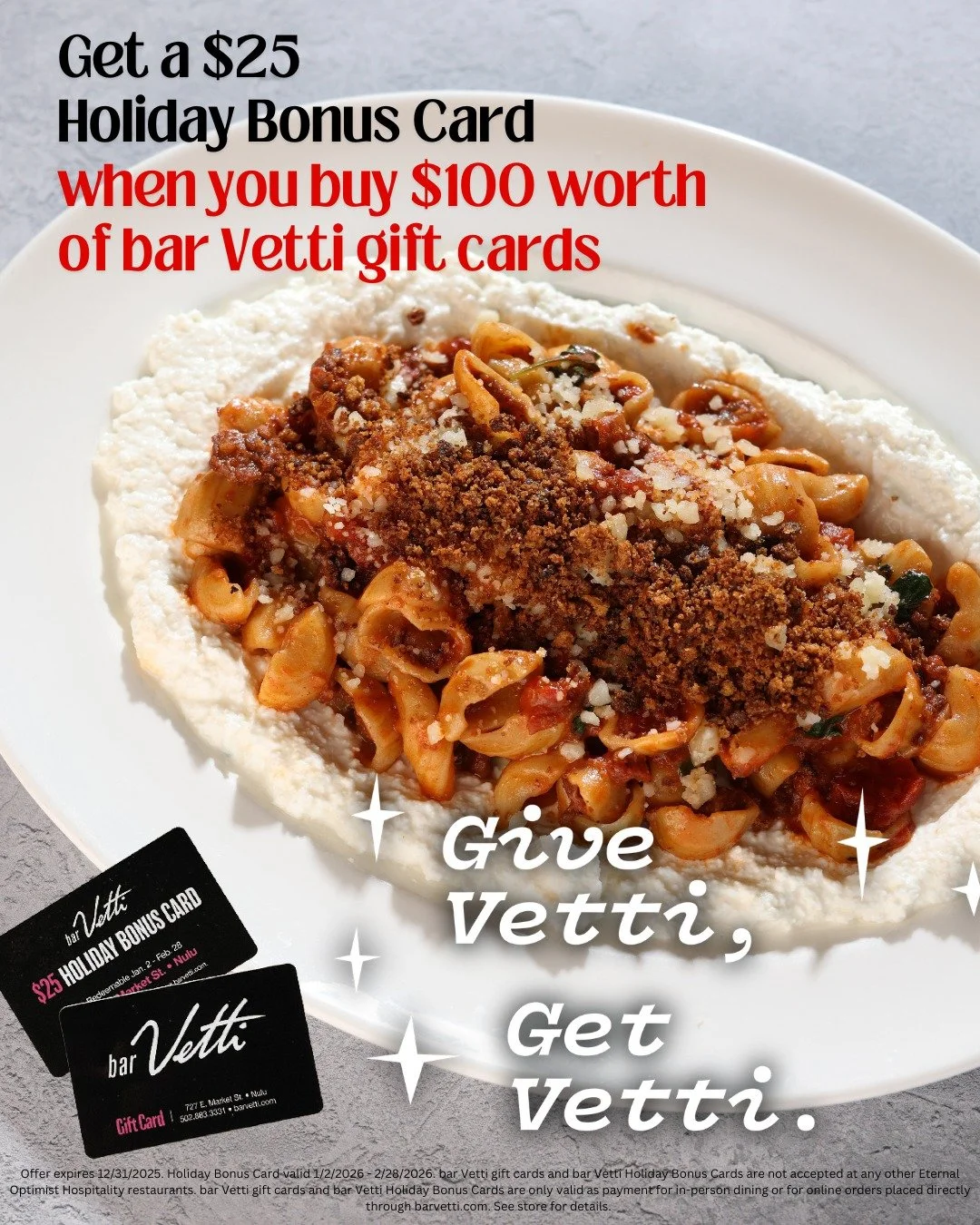 'Tis the season to give gifts of good taste. ✨🎁 When you buy $100 worth of bar Vetti gift cards, you'll get a $25 Holiday Bonus Card. 

Available for purchase in-restaurant or online. To order online, click the link in our bio and purchase through &