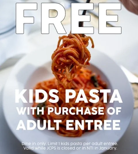Snow day special! ❄️ For any closed or NTI day for JCPS in January, come in and get a FREE Kids Pasta* with the purchase of any adult entree. 

*Limit one per adult entree. Dine in only. 

#louisville #snowday #louisvilleeats #louisvillefood