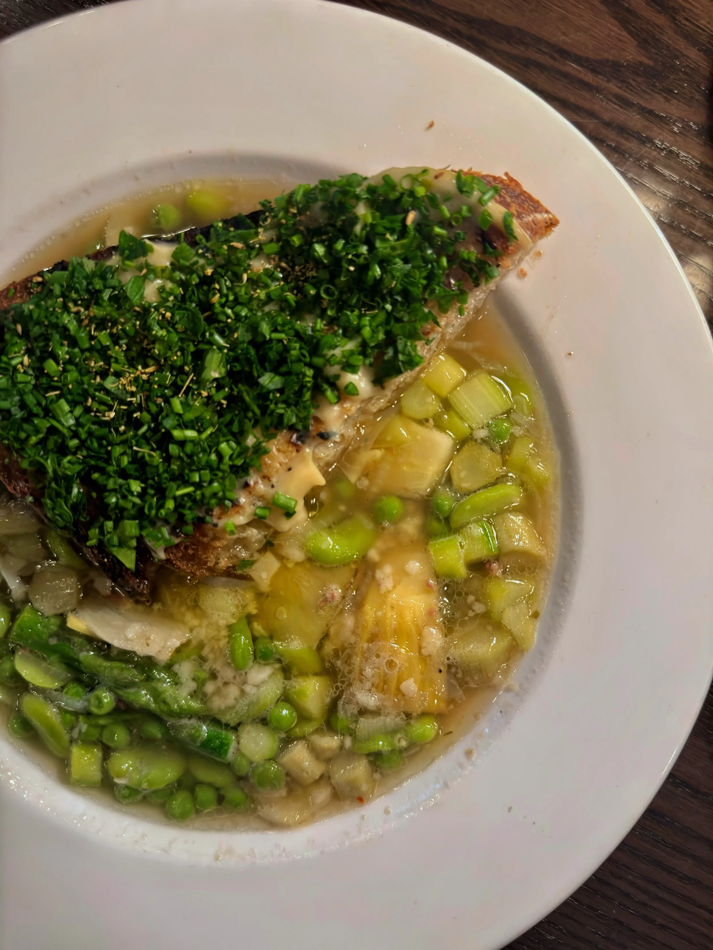 New to our menu is our Spring Vegetable Soup, capturing the local growing calendar with peas, fava beans, asparagus, and artichokes in a chicken brodo. We finish it with Parmesan and a piece of garlic herb toast.

Try it yourself on your next visit. 