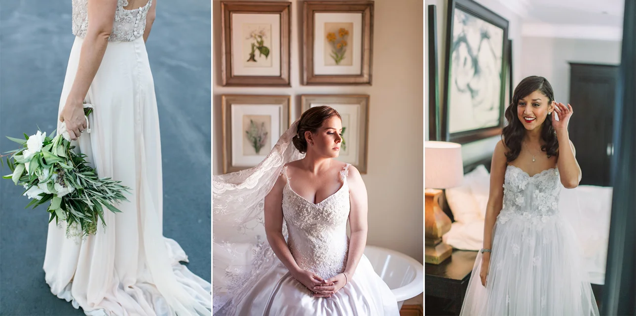 From left to right: Suzanne's train was made by using her mother's chiffon veil (Photo: Lindie Meyer); Loreen's wore her mother's veil that was made of a beautiful Spanish lace (Photo: Moira West); Alyssa's dress had the lace and tulle from her mother's wedding dress including the original lace scallop (Photo: Moira West). 