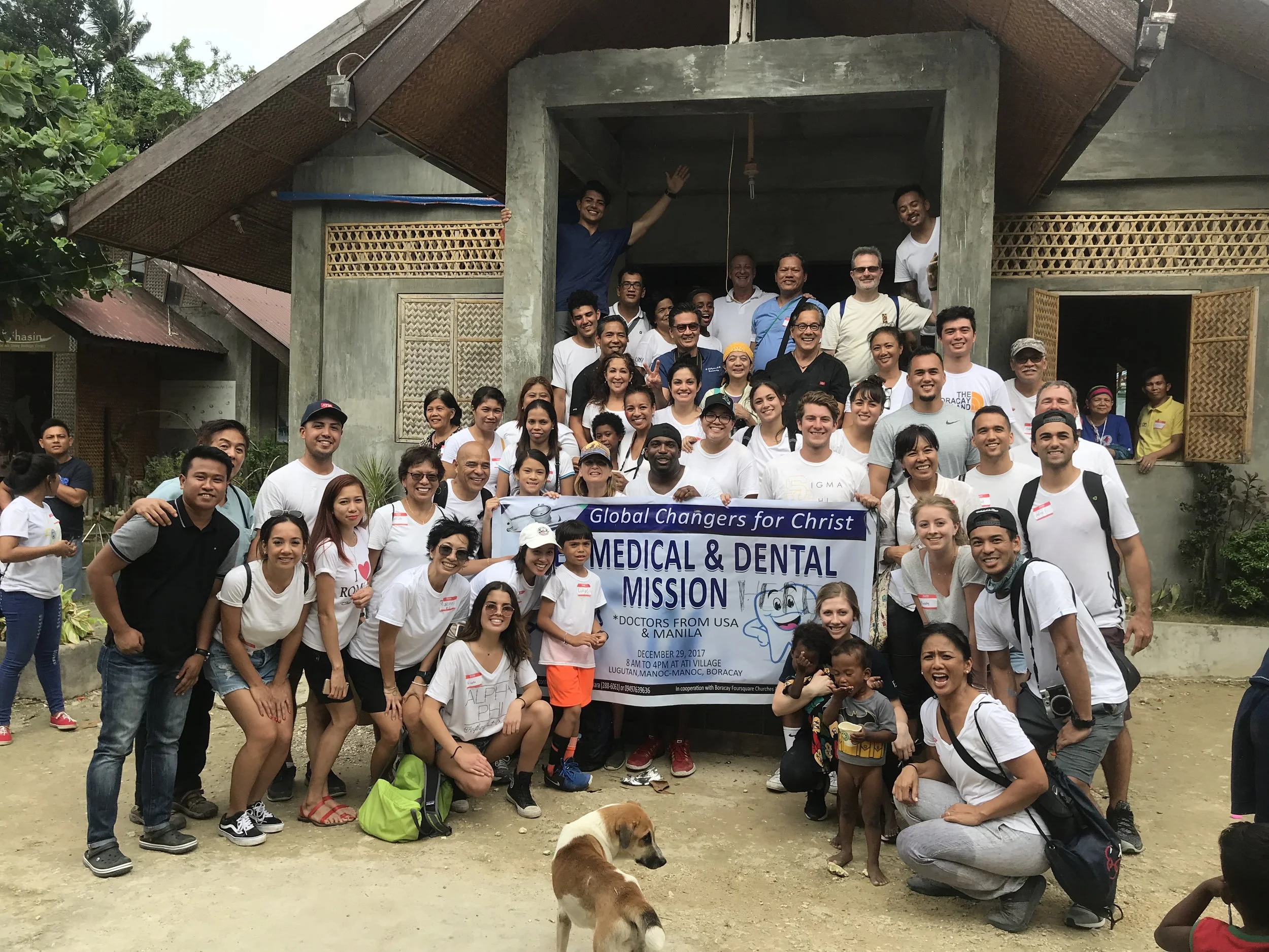 Under the rooftop of an outdoor community center, our family team provided free care for over 250 medical and dental patients and at the same time constructed improvements for the local Ati School nearby.