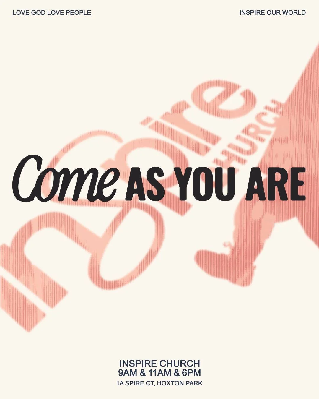 This Sunday, come as you are and be part of three incredible services. There&rsquo;s a place for you here. 

In-Person &mdash; 1a Spire Ct.
9AM &bull; 11AM &bull; 6PM
&mdash;
Pre-Service Prayer Meeting
8:45AM &bull; 10:45AM
&mdash;
Church Online.
9AM