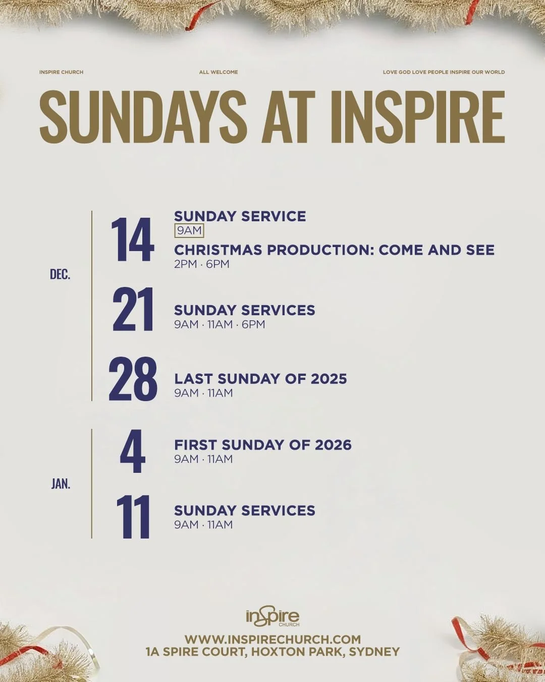 Don&rsquo;t miss a Sunday at Inspire! 🌟
Experience God&rsquo;s presence, hope, and joy with us each week.

Check out all the dates for the next few weeks!