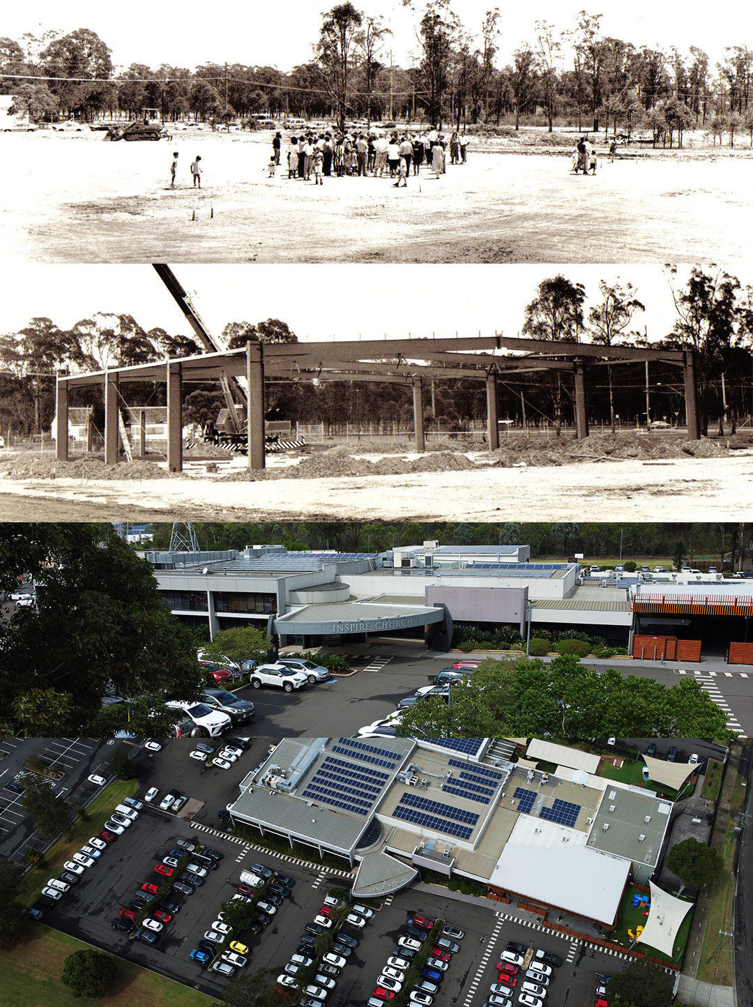 Three phases of a building's development: top shows people on an empty lot, middle shows a steel-frame structure under construction, bottom shows a modern building with parking lot and solar panels.