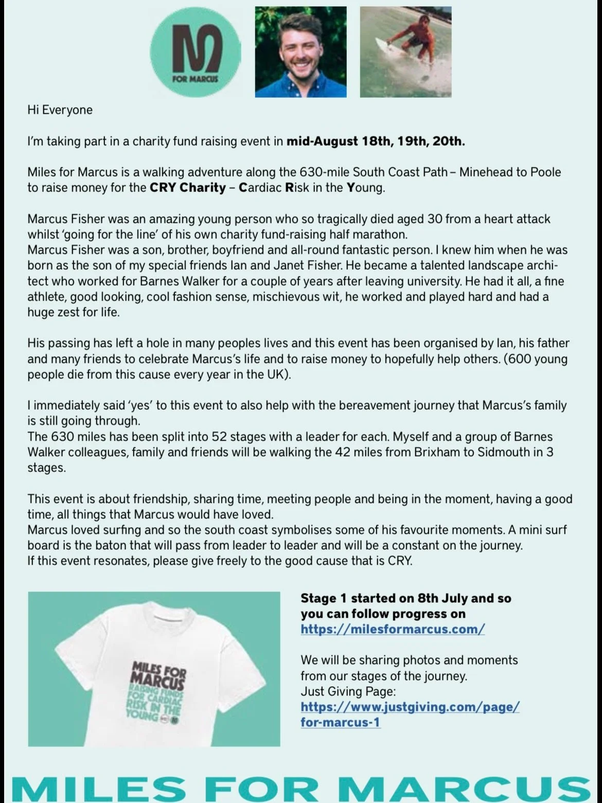 This week, Colin, John, Moss, Rachael along with friends and family are walking &lsquo;Miles for Marcus&rsquo;. Please read the text on the images for further information on this amazing effort that is happening over 52 days! The walk will cover 630 
