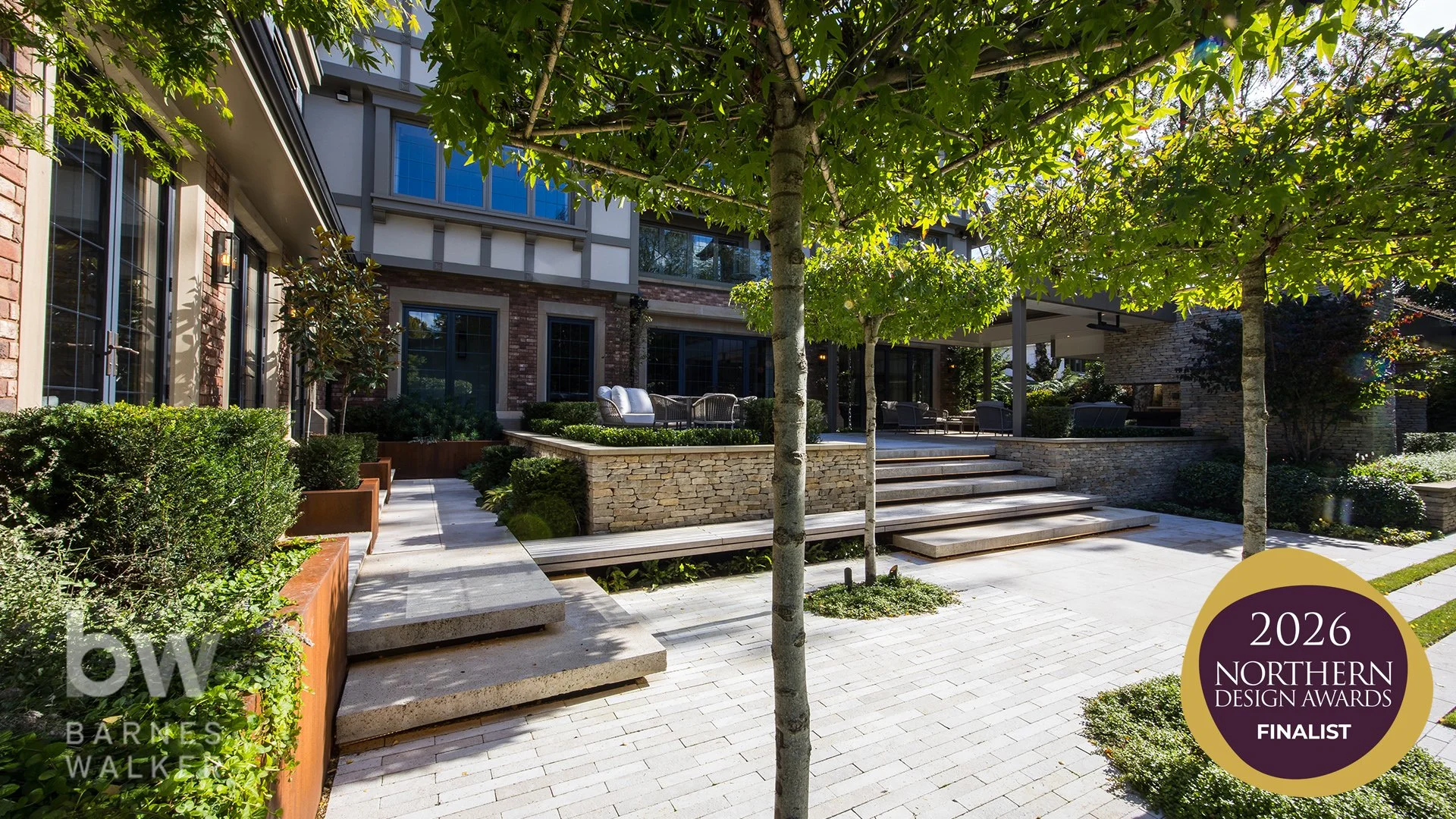 Design details of floating steps and corten steel planters at our shortlisted Northern Design Awards garden.

Designed and delivered alongside a beautiful contemporary home by Maison IOM, the gardens feature elegant stone terraces, bespoke water feat