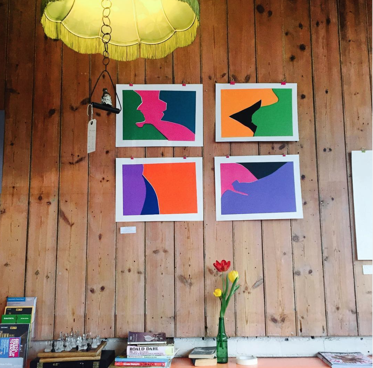 Some of Leila’s work on display in a cafe in Bristol, 2017.