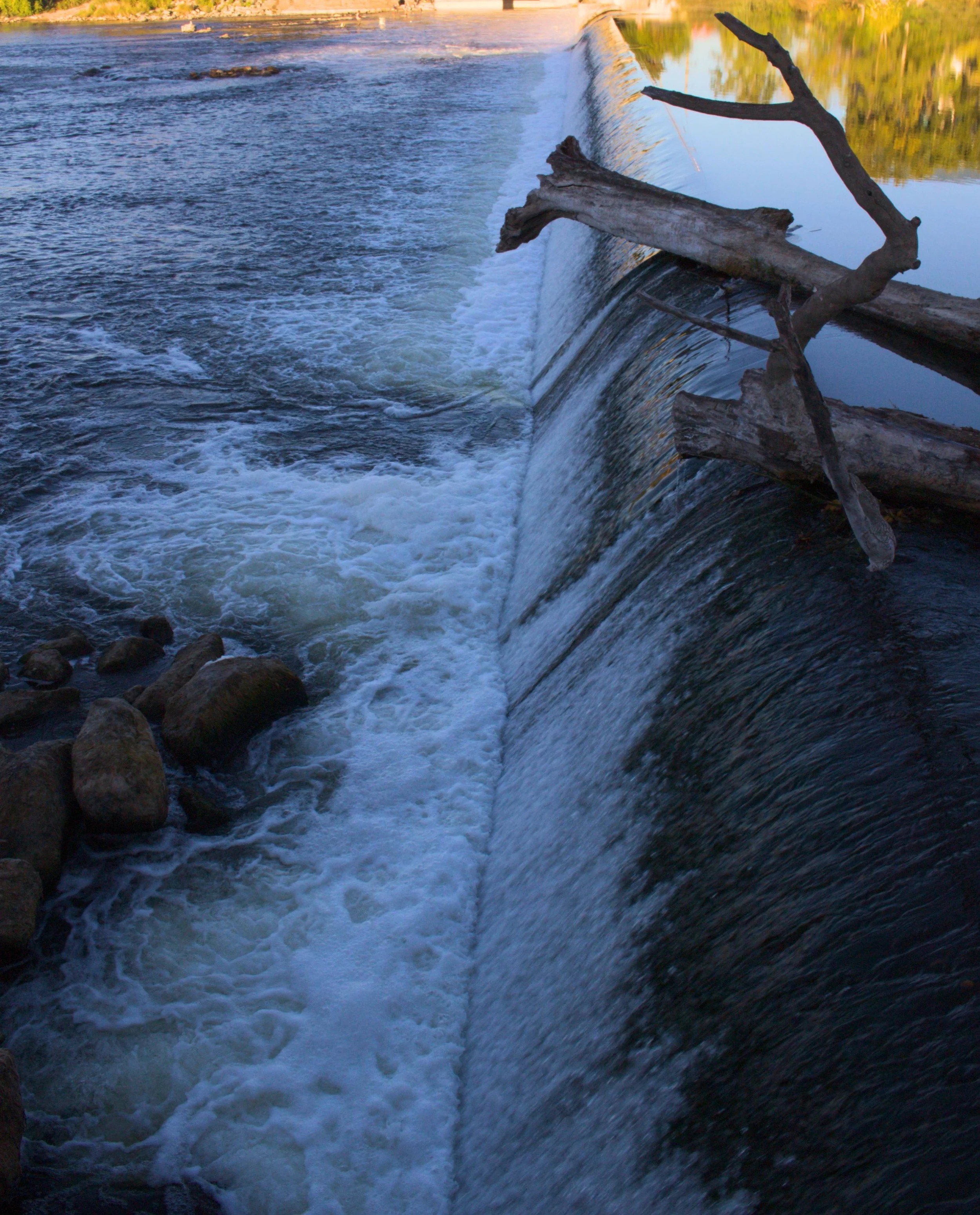 Logs and other refuse are regularly seen stuck on top the dam, or tossing and spinning in the whitewater below.