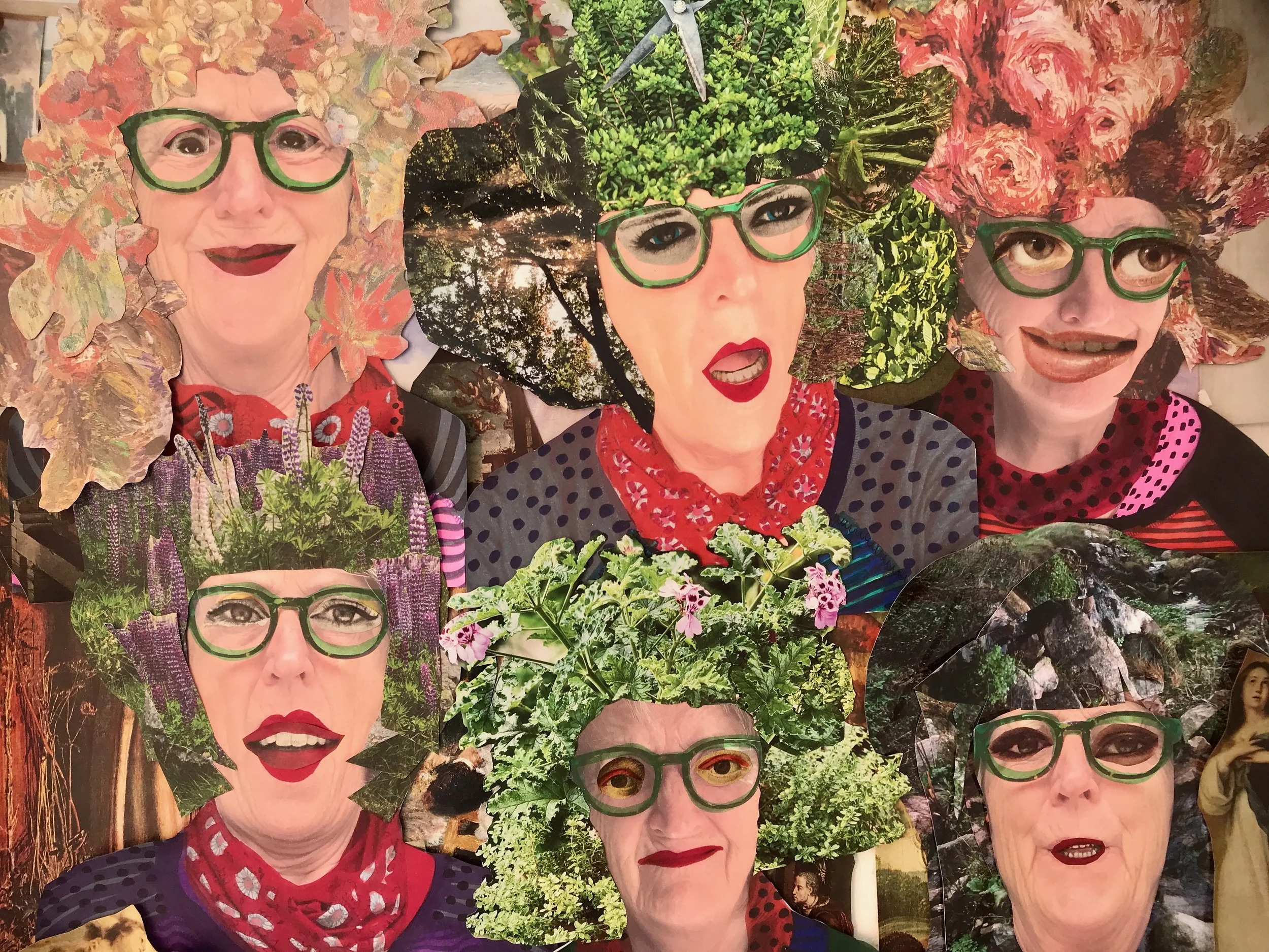  The Muses, a collage inspired by a friend saying during lockdown that her husband had cut her hair and now it looked like a herbaceous border.  So I did a series of self portraits and transformed myself to explore the notion of identity. 