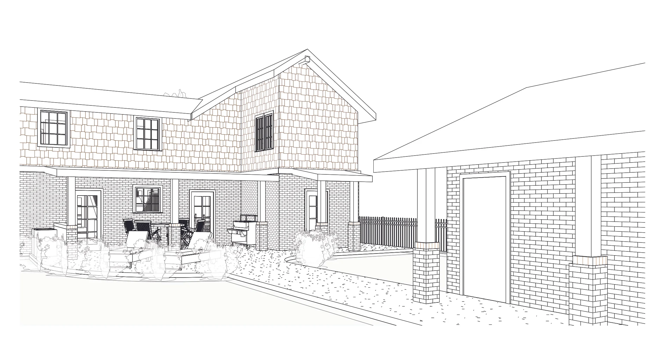 3D view of the backyard and new garage.