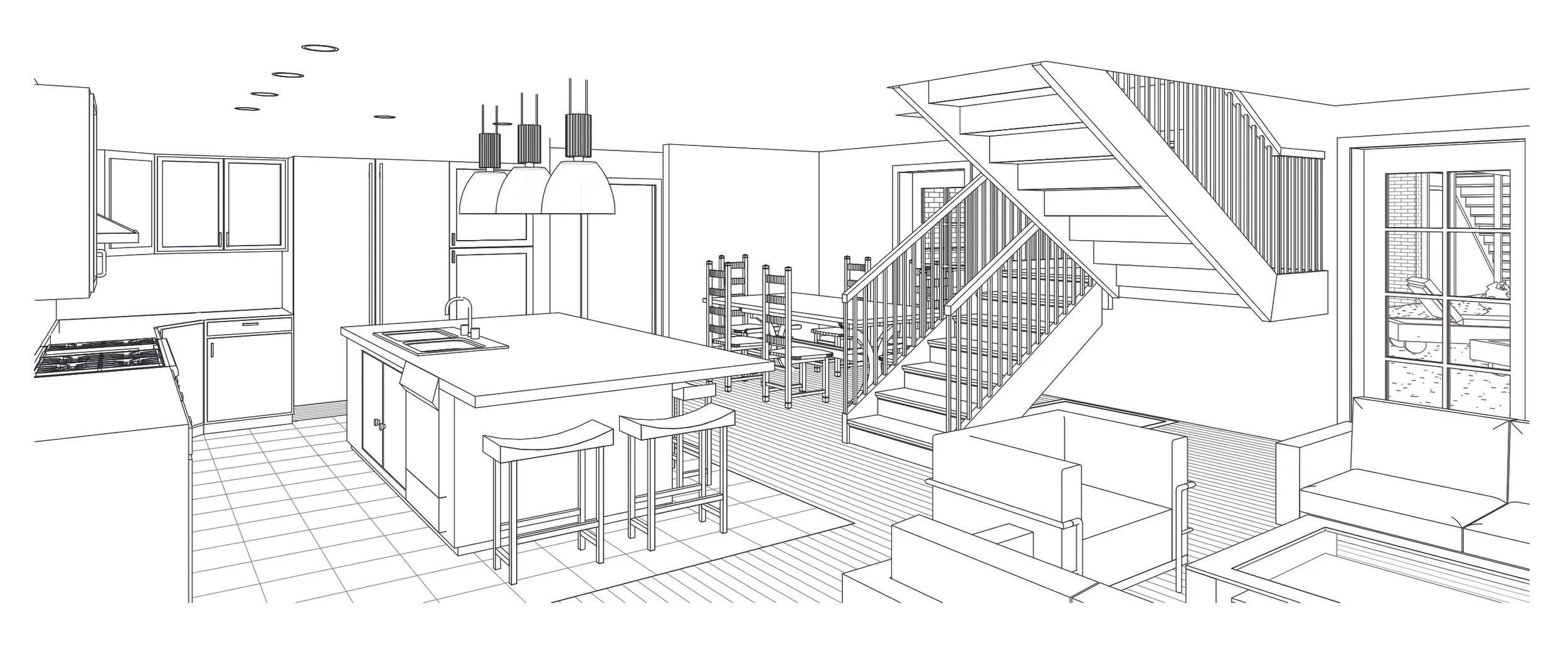 3D view of the open kitchen and connected dining area.